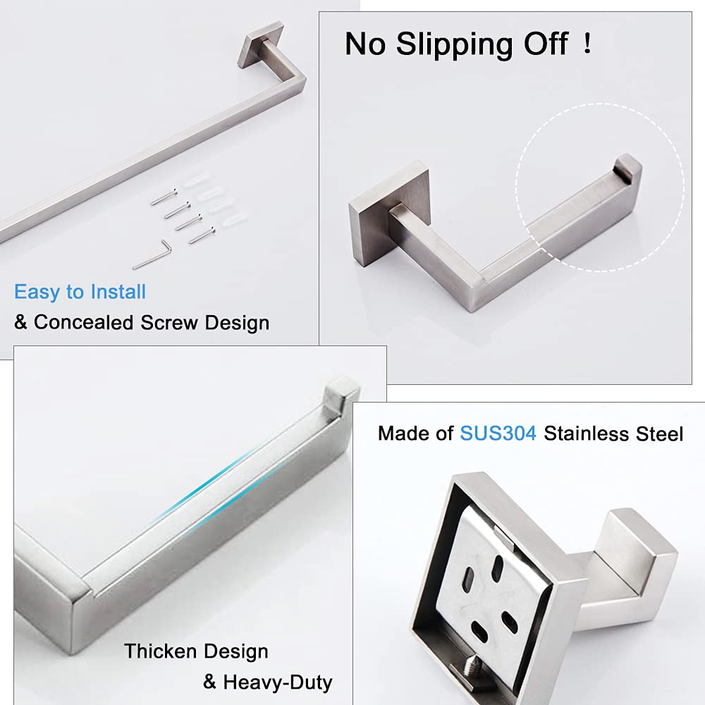 4-Piece Bathroom Hardware Set  Stainless Steel Wall Mounted Square Bathroom Accessories Kit  Include 16 Inch Hand Towel Bar  Toilet Paper Holder  Hand Towel Rack  Towel Hook(Brushed Nickel)